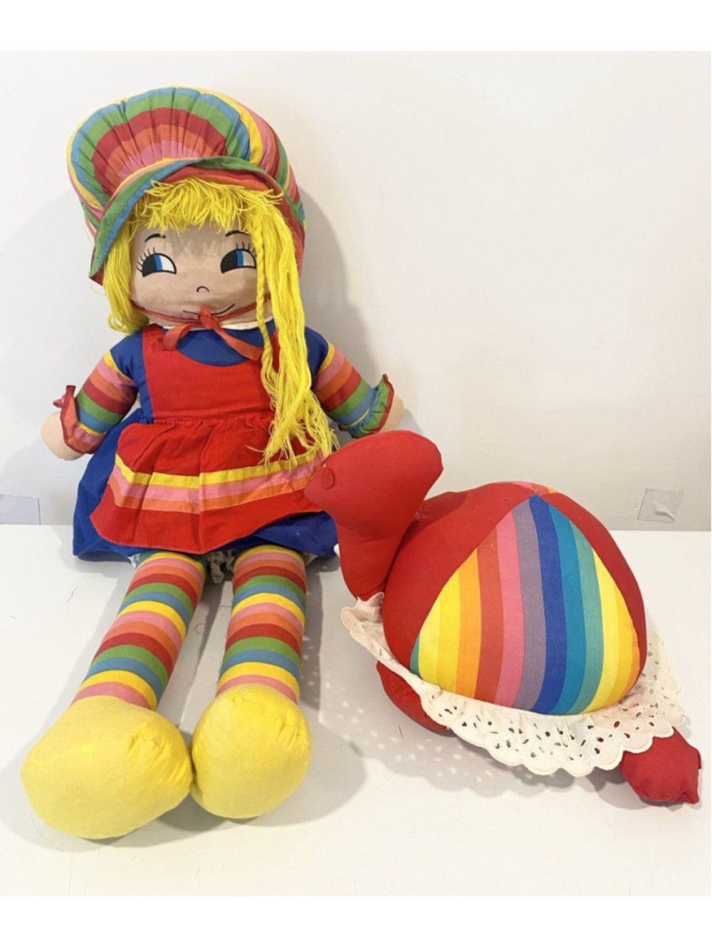 Vintage Ganz Bros Rainbow Rag Doll & Matching Turtle Plush 1970s 30” Canada Rare